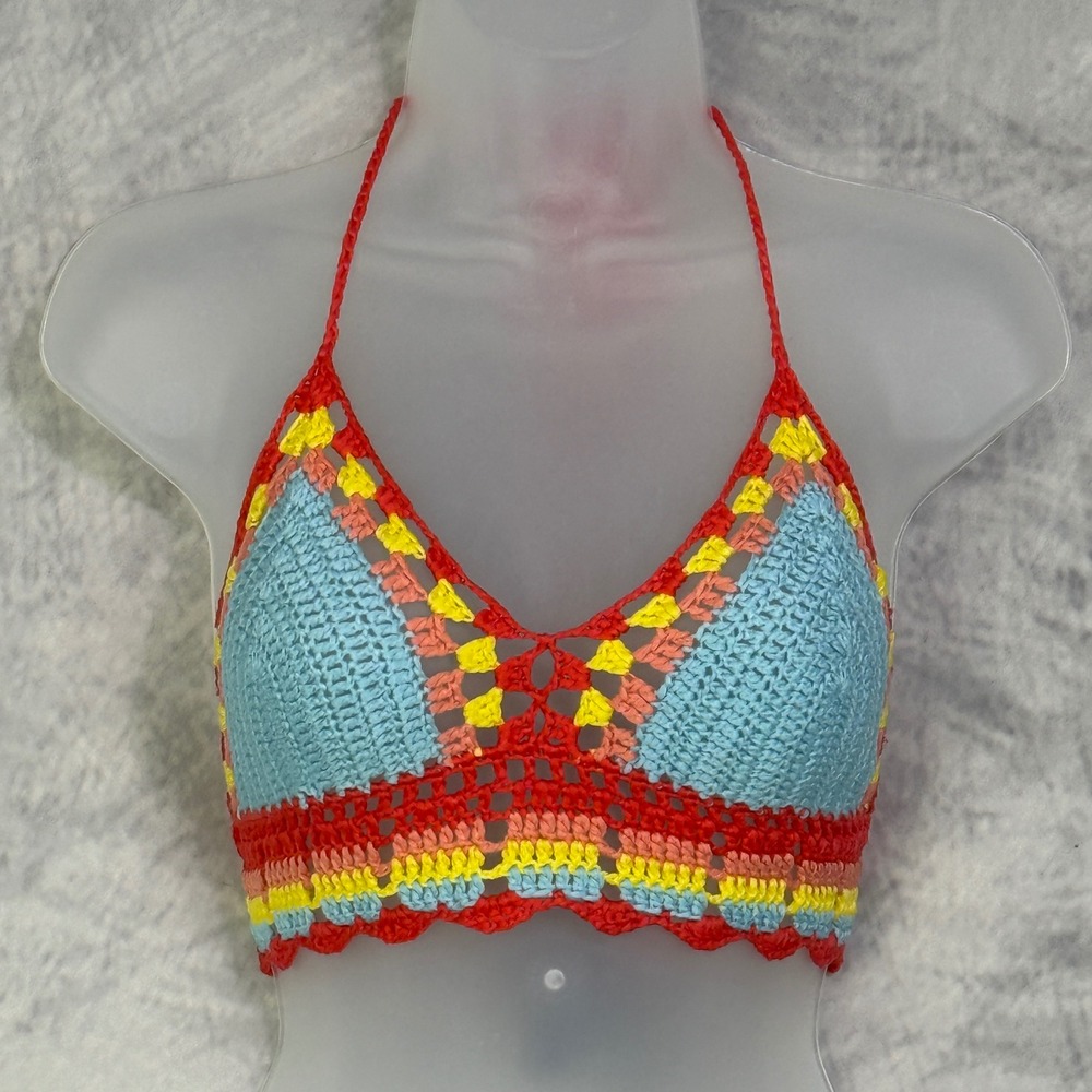India Boutique Crochet Halter Crop Top Womens sz S Rainbow Festival Boho‎ Beach